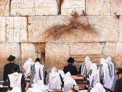Jewish men pray at the Western Wall Plaza in Jerusalem